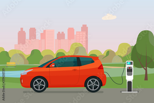 Fototapeta Naklejka Na Ścianę i Meble -  Compact hatchback car on a background of abstract cityscape. Electric car is charging, side view. Vector flat illustration.