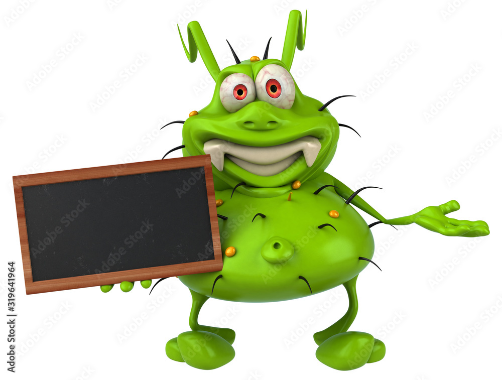 Fun 3D germ monster holding a blackboard - obrazy, fototapety, plakaty 
