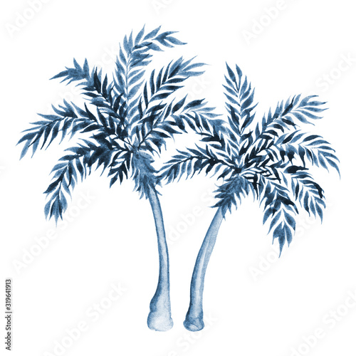 Blue palm tree isolated on white background. Watercolor illustration.	