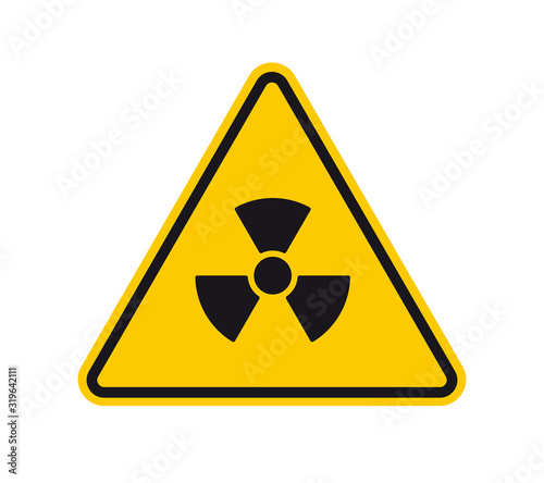 Vector yellow triangle sign - black silhouette radiation. Isolated on white background.