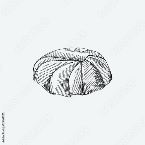 Hand-drawn vintage sketch of Azerbaijani national meal known as khan  or shah pilaf. The dish made of rice which is then placed inside a bowl lined with lavash and dried fruits on top of the rice.