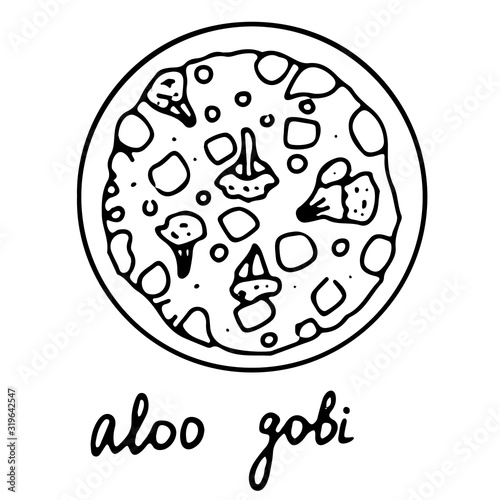 Hand drawn isolated indian food icon. Black outline illustration of indian dish. Aloo gobi bowl. Cauliflower dish.