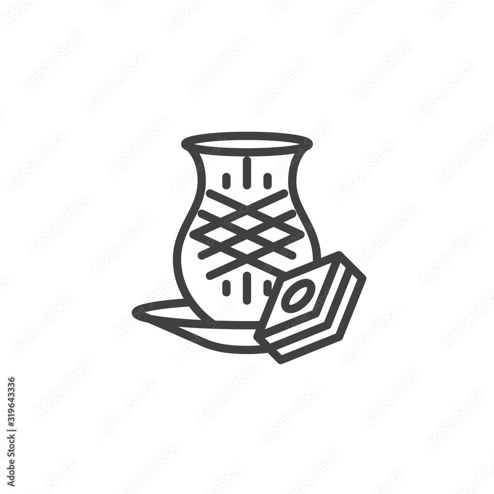 Novruz holiday pakhlava and tea cup line icon. linear style sign for mobile concept and web design. Traditional Turkish tea with baklava outline vector icon. Symbol, logo illustration. Vector graphics