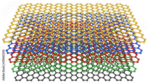 Graphene layering , stacking . Hexagon layers stacked on top of each other.  Nanomaterials, supermaterials . 3d rendering illustration photo