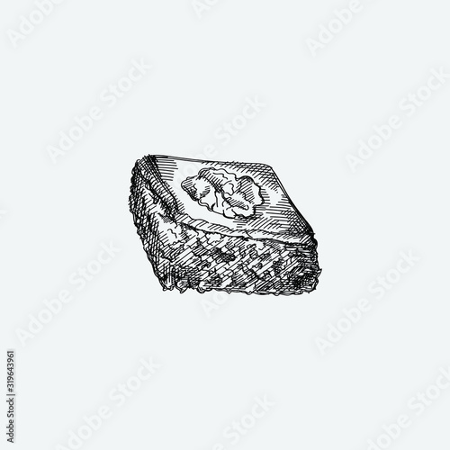 Hand drawn sketch of traditional Azerbaijani dessert pakhlava made of peeled walnuts and consists of several layers of pastry with a walnut placed in the center of the top layer
