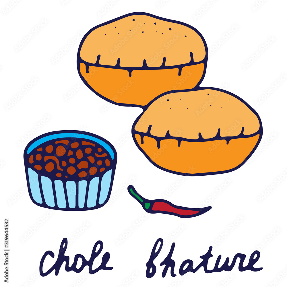 Hand drawn isolated indian food icon. Color fill illustration of indian dish. Chole bhature. Hand drawn isolated indian food icon. Color fill illustration of indian dish. Chole bhature.