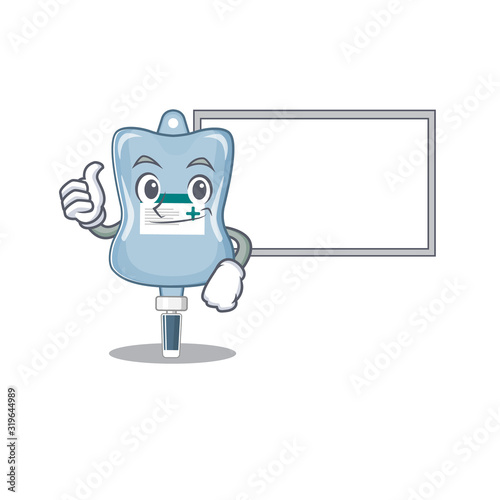 Thumbs up of saline bag cartoon design with board