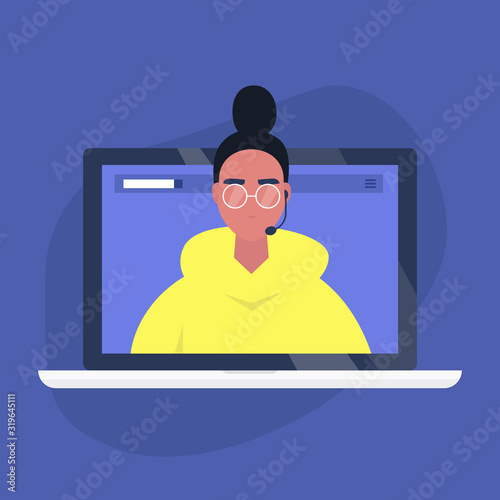 Online consultant, young female operator wearing a headset, Video call technology, Artificial intelligence chat bot