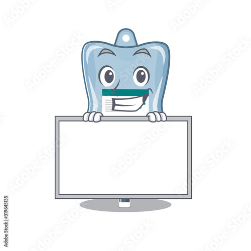 A cute picture of saline bag grinning with board