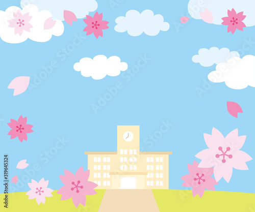 桜の花と学校の校舎の風景300x250サイズ対応バナー