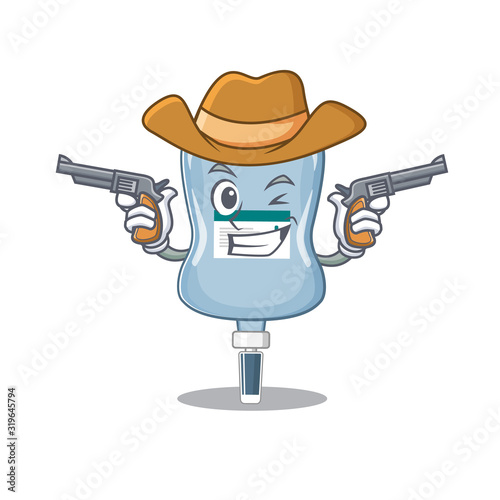 Saline bag dressed as a Cowboy having guns