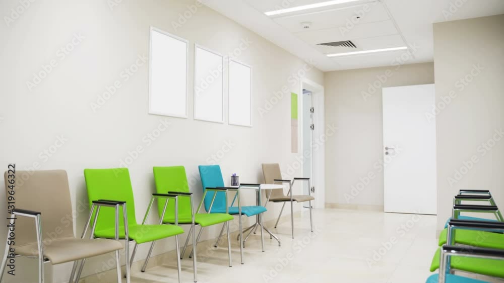 Esthetic and clean modern private clinic or vet waiting room with empty posters	