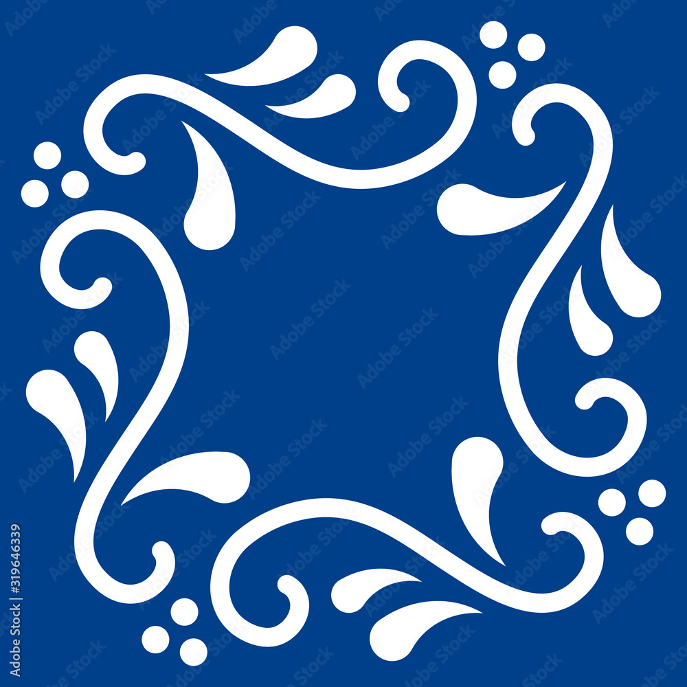 Mexican talavera tile pattern. Ornament in traditional style from Puebla in classic blue and white. Floral ceramic tile with dot and leaves. Folk art design from Mexico.
