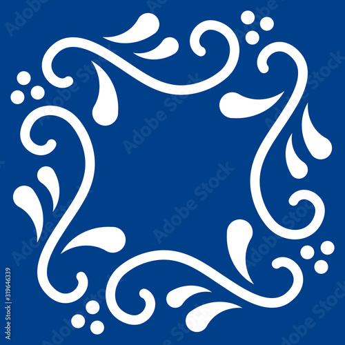 Mexican talavera tile pattern. Ornament in traditional style from Puebla in classic blue and white. Floral ceramic tile with dot and leaves. Folk art design from Mexico.