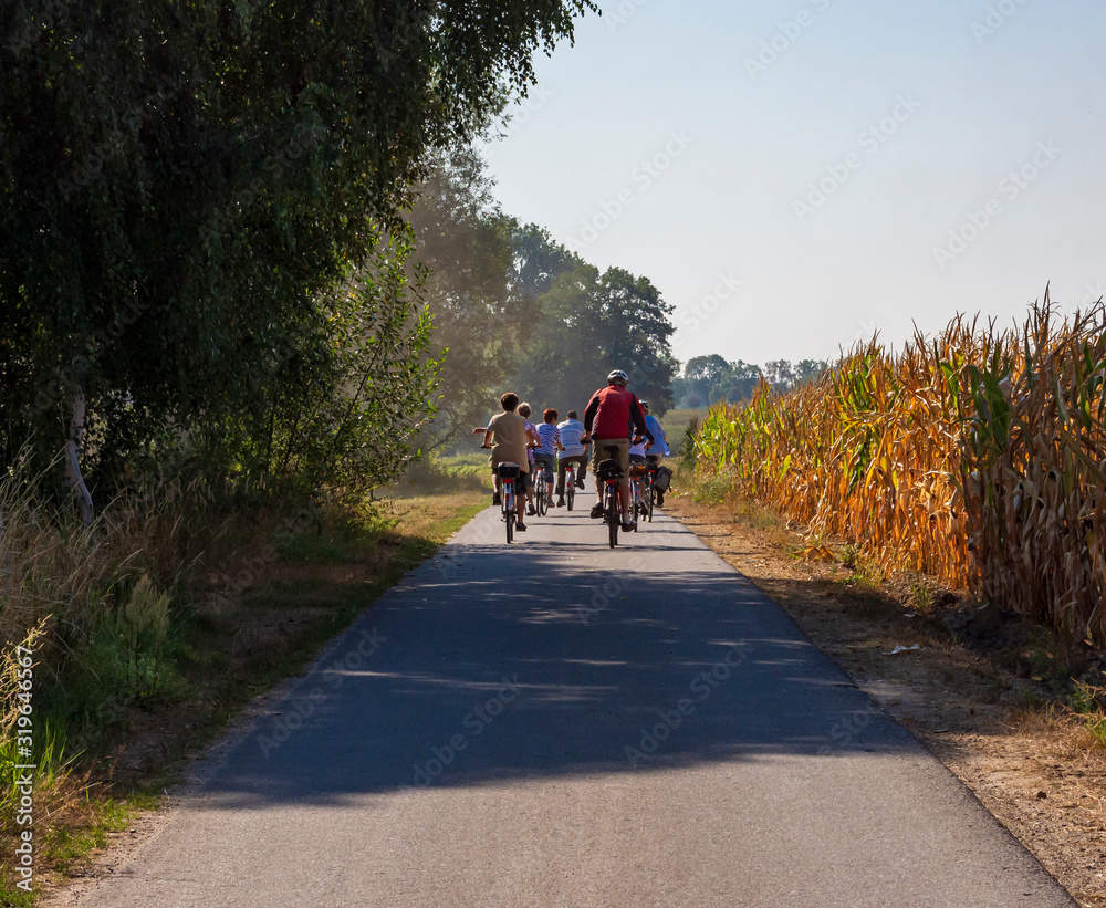 Naklejka premium eine Menschengruppe fährt mit dem Fahrrad durch den Spreewald