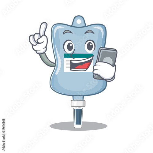 Cartoon design of saline bag speaking on a phone