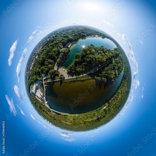 Little Planet-Ansicht Lech mit Hochablass, Kuhsee, Eiskanal und Augsburger Stadtwald photo