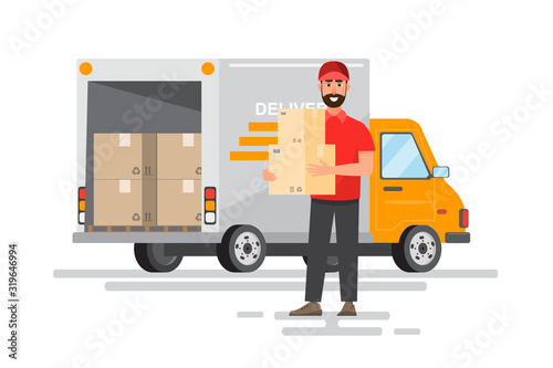 Fast delivery man by car. Postman vector illustration cartoon character flat style