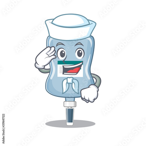 A mascot design of saline bag Sailor wearing hat