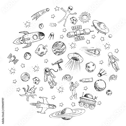 Vector doodle space objects. Astronaut, alien, galaxy, space ship, spaceman. Coloring page.