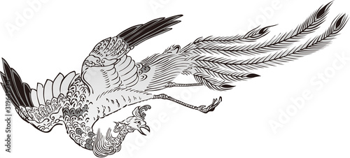 浮世絵　鳳凰　その1　白黒	