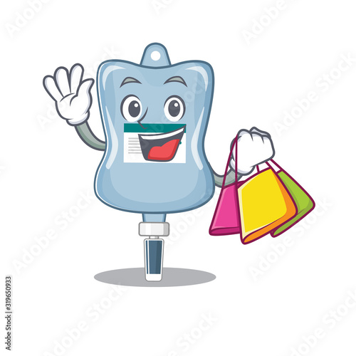 A happy rich saline bag waving and holding Shopping bag