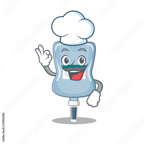 Saline bag cartoon character wearing costume of chef and white hat