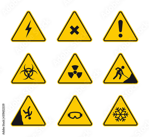 Vector yellow triangle sign - black silhouette road sign set. Isolated on white background.