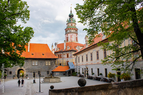 Picture of the interior patio of the State Castle with the Castle Tower at the background, the most famous symbol of Cesky Krumlov, Czech Republic