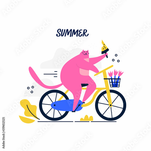 Cat with watermelon ice cream rides on bicycle. Outdoor sport’s trip. Pond and mountains nature. Fitness lifestyle theme. Cartoon style vector illustration for prints, kids products, cards