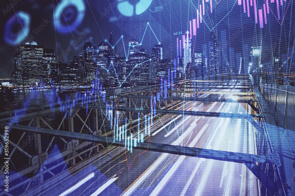Obraz premium Forex chart on cityscape with tall buildings background multi exposure. Financial research concept.