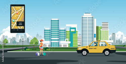 Woman calls a taxi through the phone app with a city backdrop.