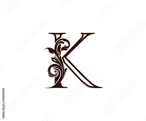 K Letter Luxury Logo. Brown K With Classic Leaves Shape design perfect for fashion, Jewelry, Beauty Salon, Cosmetics, Spa, Hotel and Restaurant Logo. 