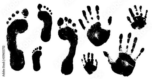 Family prints of hands and feet. Set of handprints and footprints of woman, man, and children. Vector illustration.