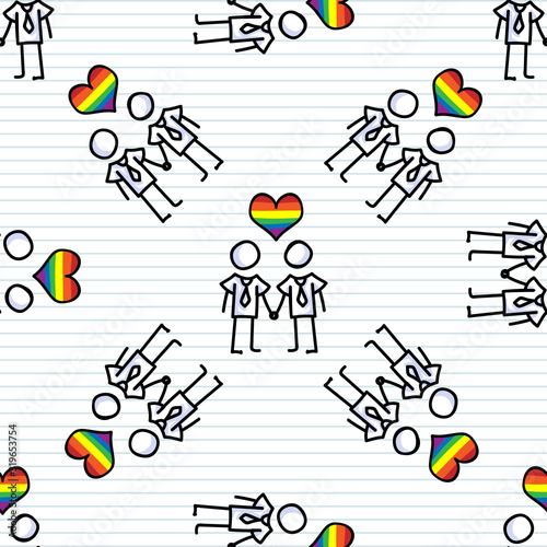 Cute stick figure gay men relationship seamless vector pattern. Hand drawn homosexual relationship on striped background. Valentines day diversity home decor. Lgbt, affection all over print. 