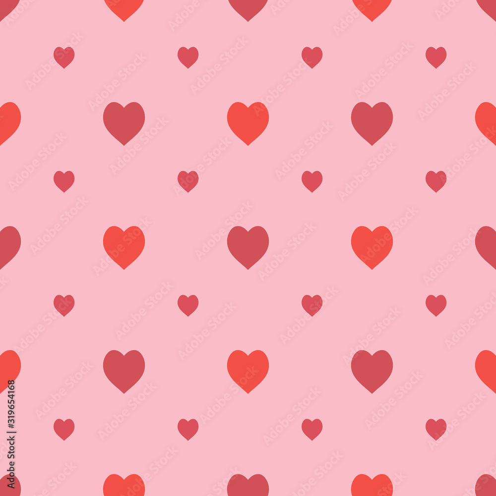 Seamless pattern in stylish red hearts on light pink background for fabric, textile, clothes, tablecloth and other things. Vector image.