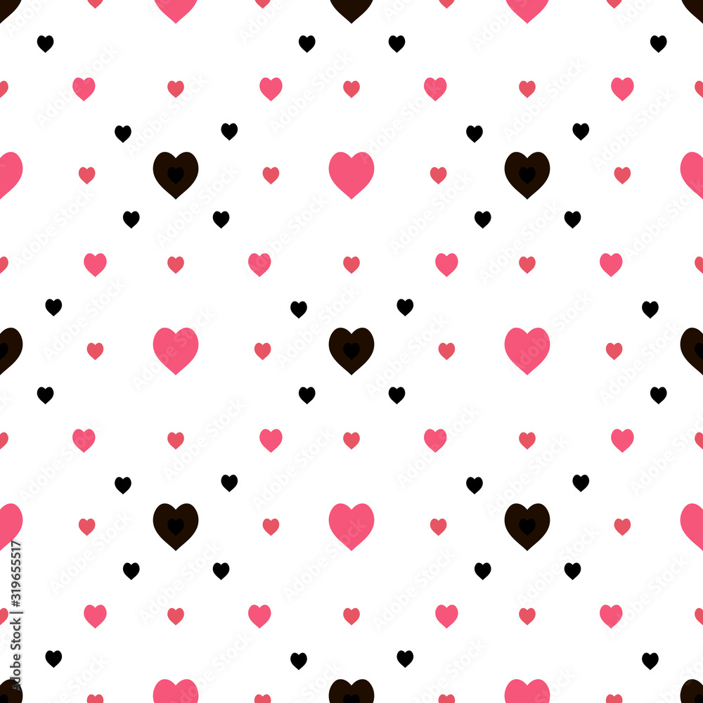 Seamless pattern in stylish creative black and pink hearts on white background for fabric, textile, clothes, tablecloth and other things. Vector image.