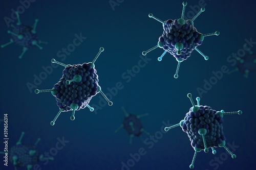 3d illustration, close up of microscope Adoeno Virus on a blue background