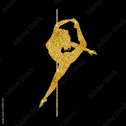 Gold glitter silhouette pole dance on a black background. Hand sketch exotic dance vector illustration. line clipart with text for logotype, badge, icon, logo, banner, tag, clothes