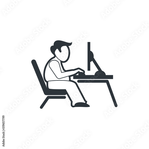 Sitting adult illustrative logo design - young male vector human searing sit body male in front of computer posing - bad posture therapeutic