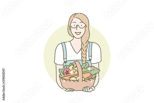 Harvesting, farmer, eco vegan food concept. Happy woman holds basket of vegetarian food. Basket of vegetables was brought by girl from harvesting. Farmer likes healthy nutrition. Simple flat vector