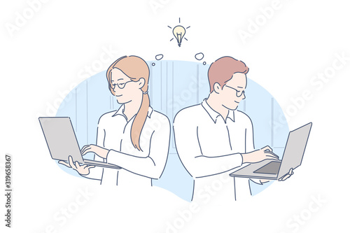 Coworking, idea, brainstorm, teamwork concept. Young man and woman do teamwork in business project in office. Boy and girl got similar idea with help of coworking and brainstorm. Simple flat vector