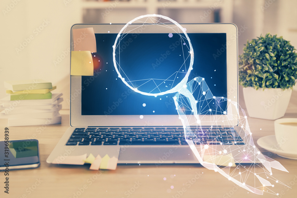 Desktop computer background in office and start up theme hologram drawing. Double exposure. Startup concept. Desktop computer background in office and start up theme hologram drawing. Double exposure. Startup concept.