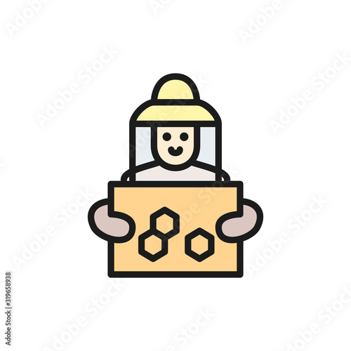 Beekeeper with honeycomb frame flat color line icon.
