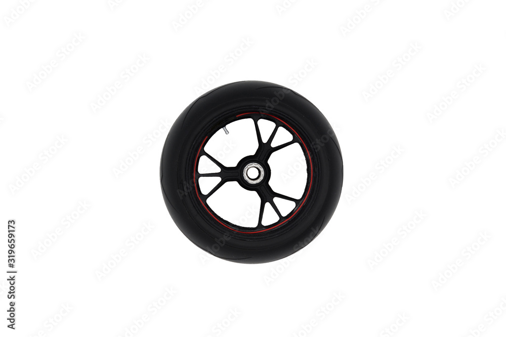 Spoke forged light alloy wheel with motocycle tire or tyre of powerful sports motorcycle (model kit) Isolated on white background.