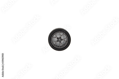 Top view alloy wheel with (Tire or tyre) of car model plastic kit isolated on white background..