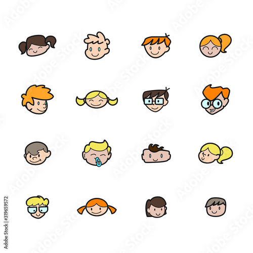 Kid logo set children icon happy girl boy kids play joy cute cheerful young happiness cartoon character friends illustration kindergarten smile adorable school vector education drawing baby 