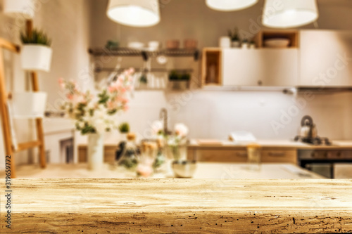 Desk of free space and kitchen interior 