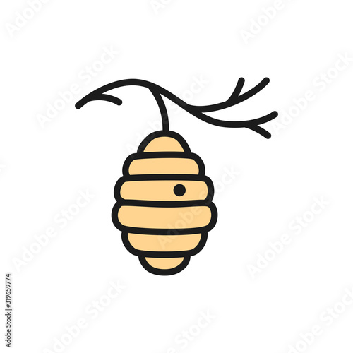 Wild bee hive on tree, beehive flat color line icon.