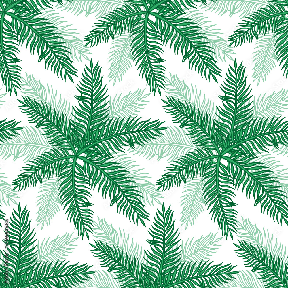 Hand drawn abstract seamless pattern with green palm branch. Exotic tropical leaves isolated on a white background. Cute template for cards, fabric, wrapping paper. Vector illustration